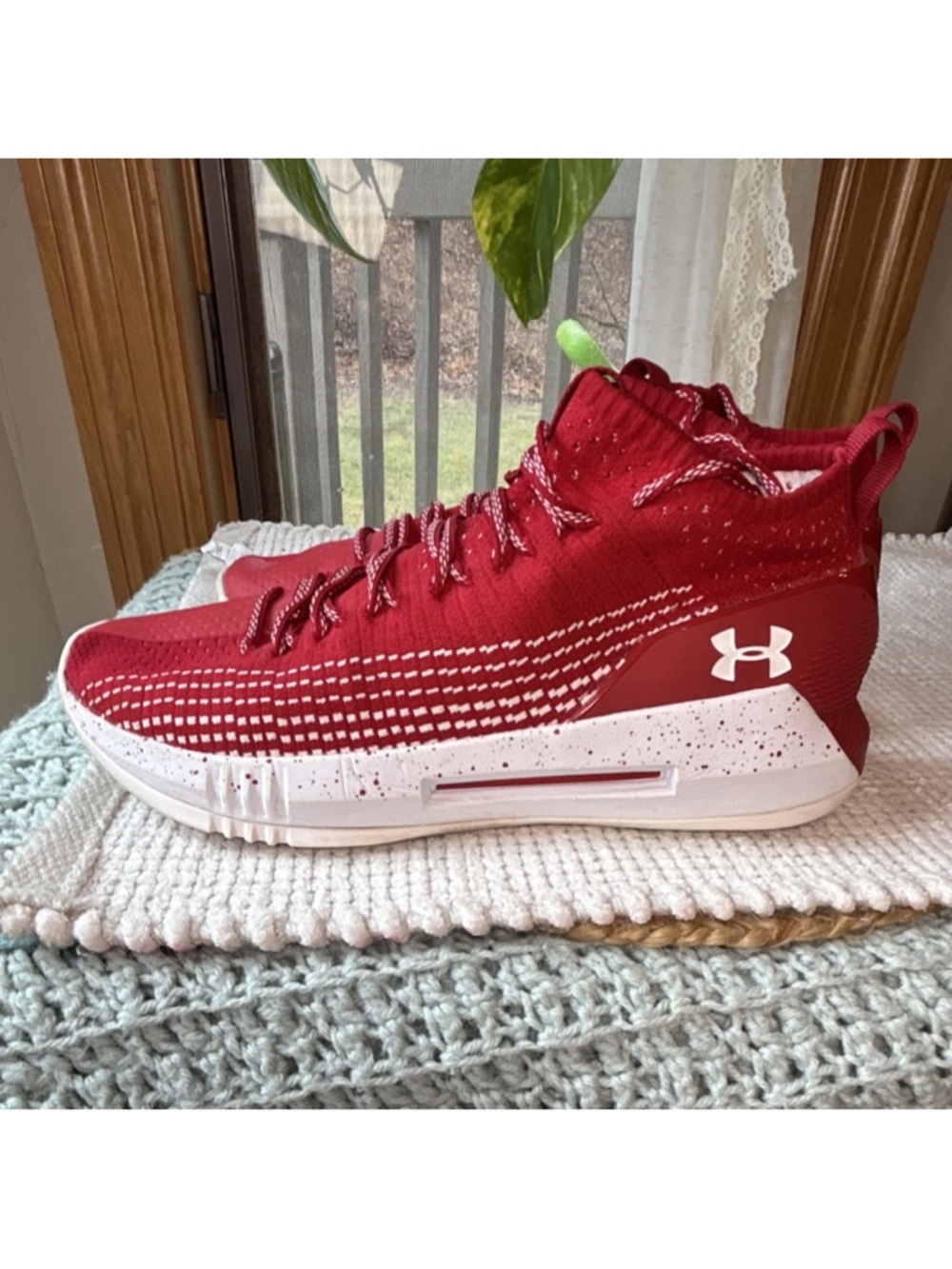 Under Armour Red and White High-Top Basketball Shoes